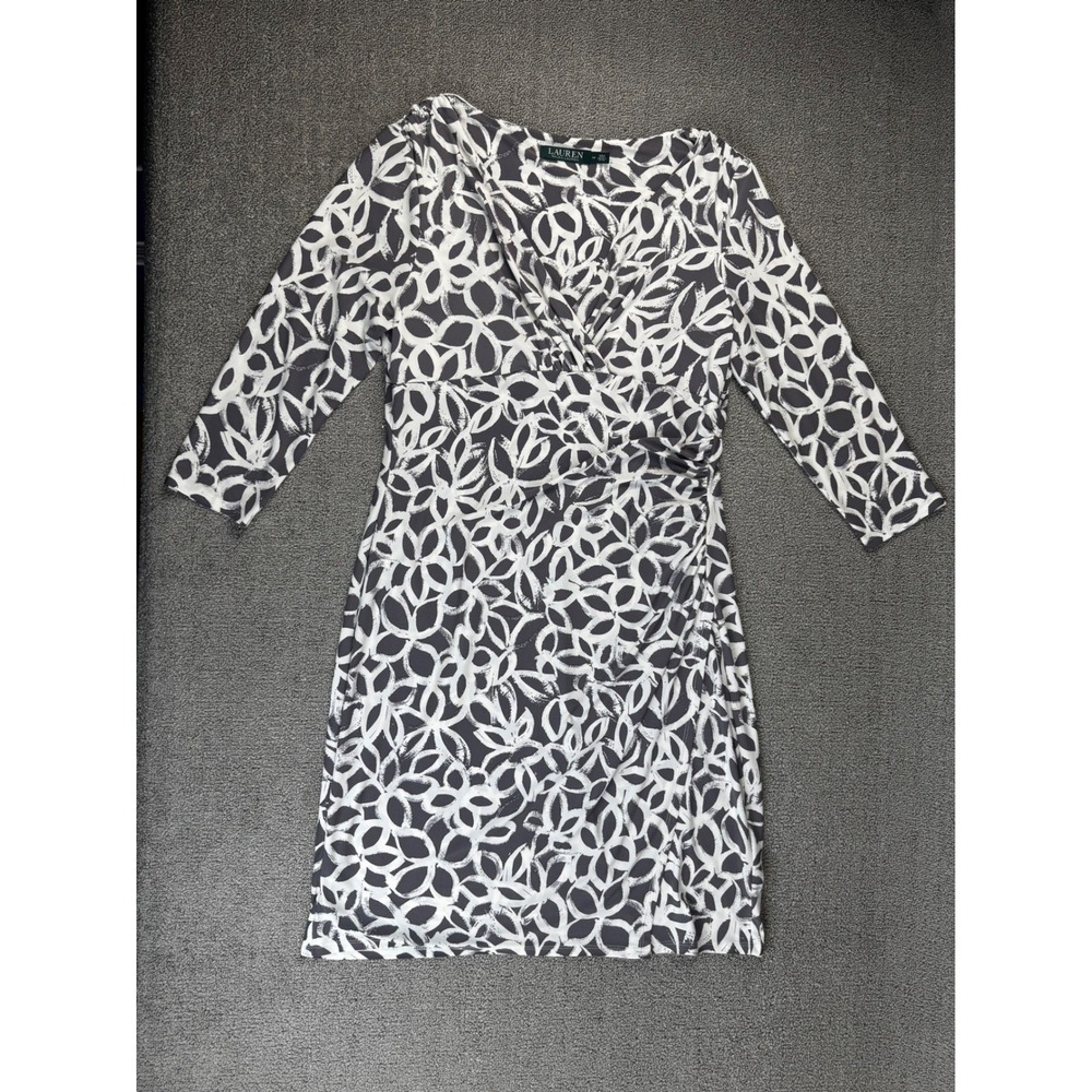 Lauren Ralph Lauren Dress 14 Gray White Abstract Sheath Wedding Guest Career
